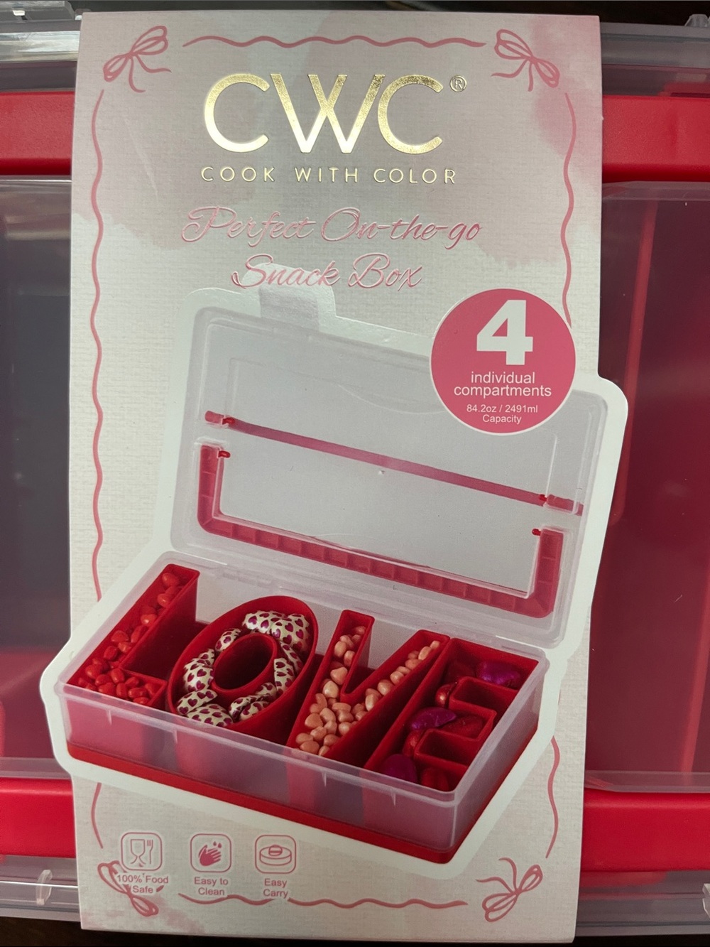 CWC Clear Plastic Snack Box with Red Dividers L O V E NWT - Picture 2 of 6